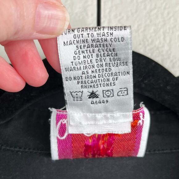 Quacker Factory Black Denim Ladybug Rhinestone Embellished Button Jacket Large - Picture 10 of 14